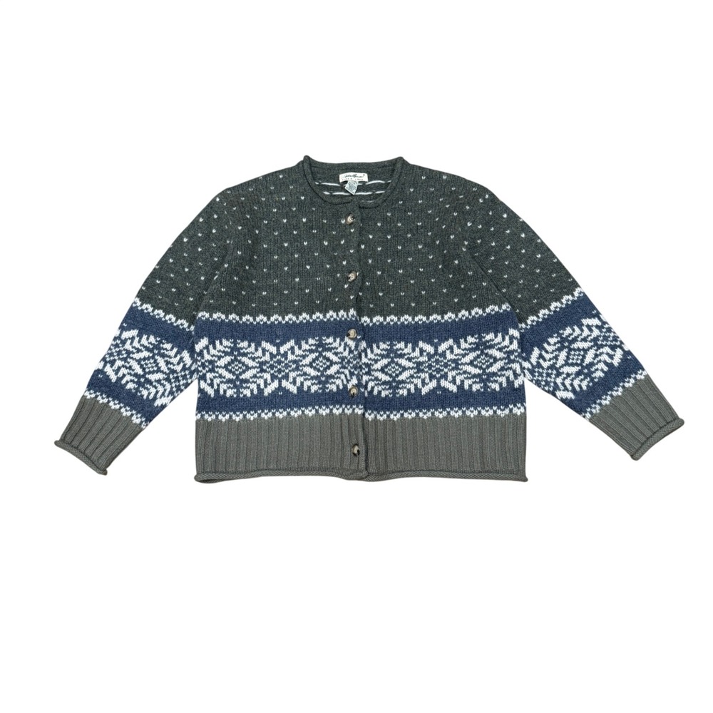 Eddie Bauer VTG Wool Cardigan Sweater Fair Isle Snowflake Green Gray Blue L Wome